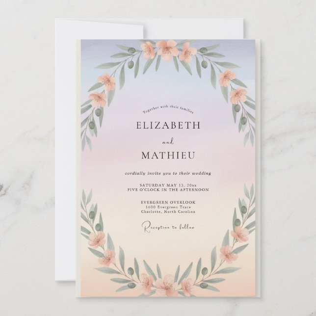 Invitation Mariage au feuillage d'eucalyptus pêche pervenche (Devant)