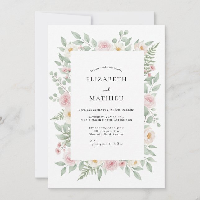 Invitation Mariage au feuillage d'eucalyptus rose pastel (Devant)