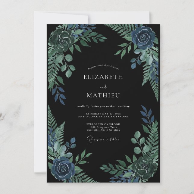 Invitation Mariage au feuillage d'eucalyptus saphir de minuit (Devant)