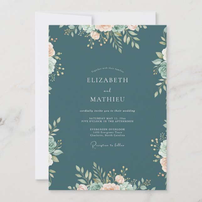 Invitation Mariage au feuillage d'eucalyptus sarcelle ardoise (Devant)