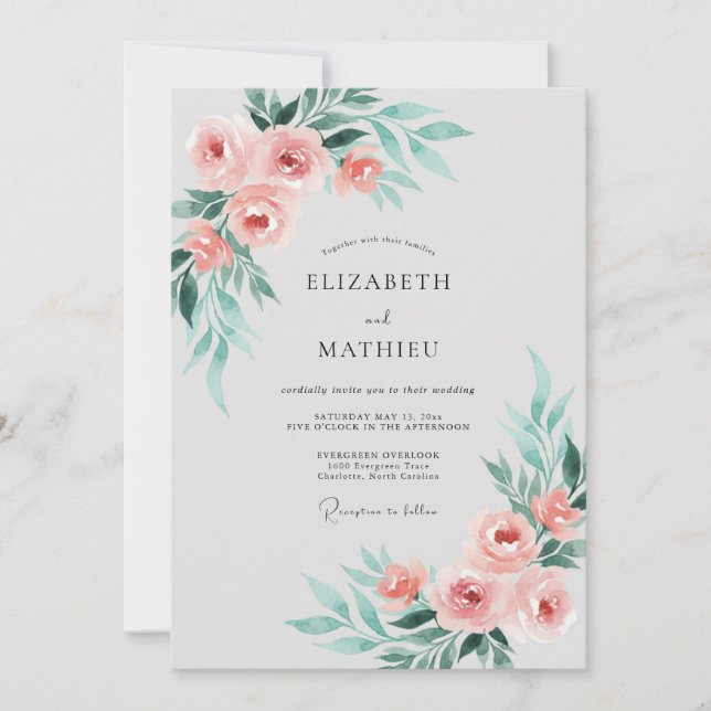 Invitation Mariage au feuillage d'eucalyptus sarcelle corail (Devant)
