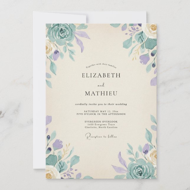 Invitation Mariage au feuillage d'eucalyptus sarcelle et myos (Devant)
