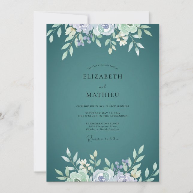Invitation Mariage au feuillage d'eucalyptus sarcelle et perv (Devant)