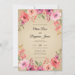 Invitation Mariage au feuillage d'eucalyptus taupe magenta