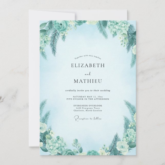 Invitation Mariage au feuillage d'eucalyptus turquoise (Devant)
