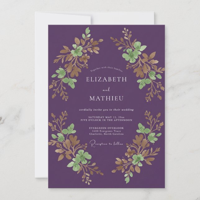Invitation Mariage au feuillage d'olive d'eucalyptus prune (Devant)