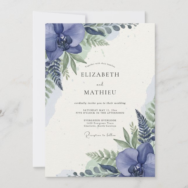 Invitation Mariage au feuillage d'orchidée indigo (Devant)