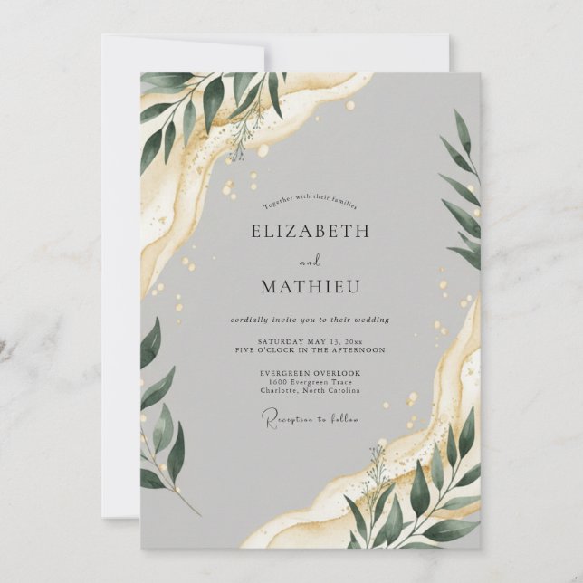 Invitation Mariage au feuillage éthéré gris colombe (Devant)