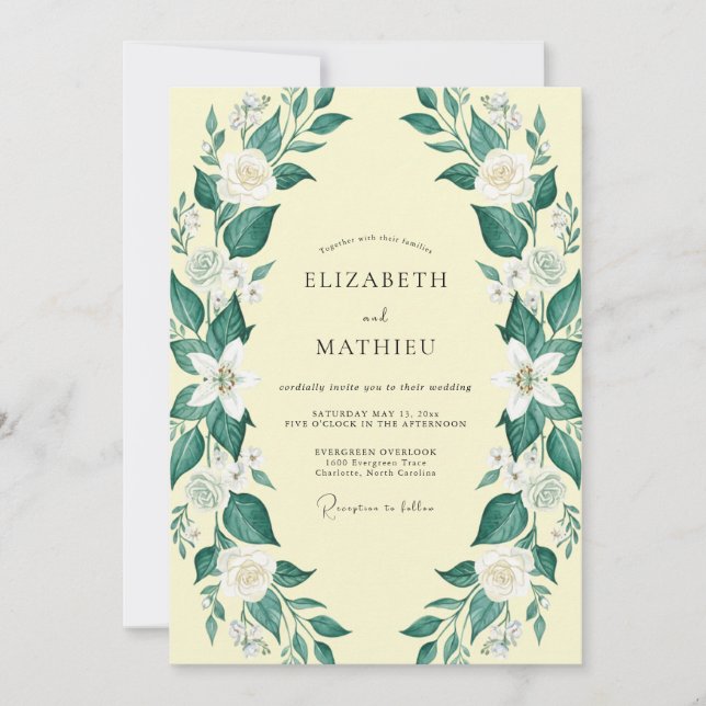Invitation Mariage au feuillage jaune pâle et eucalyptus gris (Devant)