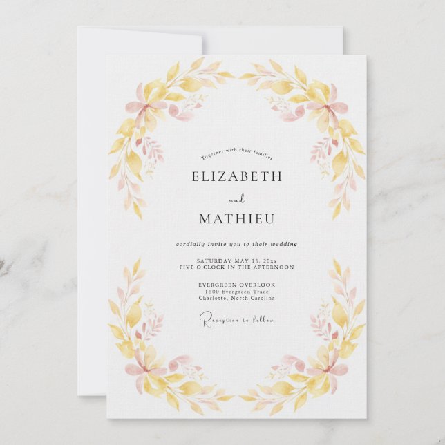 Invitation Mariage au feuillage jaune pâle eucalyptus atténué (Devant)