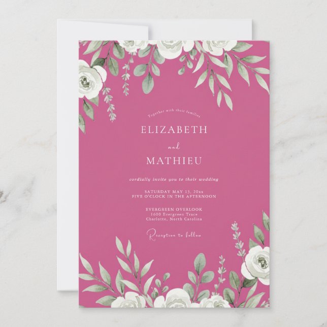 Invitation Mariage au feuillage magenta et eucalyptus gris (Devant)