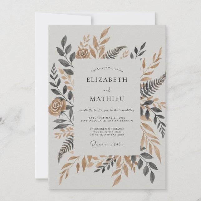 Invitation Mariage au feuillage orné de bronze (Devant)