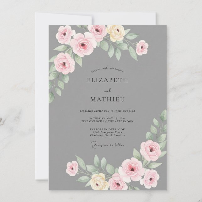Invitation Mariage au feuillage pastel ardoise (Devant)