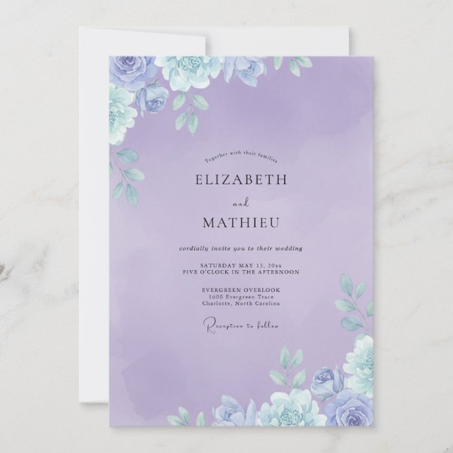 Invitation Mariage au feuillage peint d'améthyste (Devant)