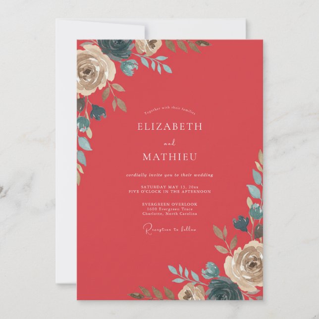 Invitation Mariage au feuillage peint de corail (Devant)