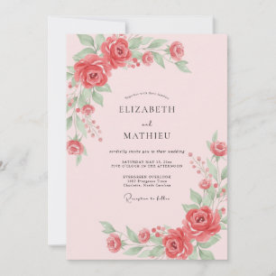 Invitation Mariage au feuillage peint de corail poussiéreux