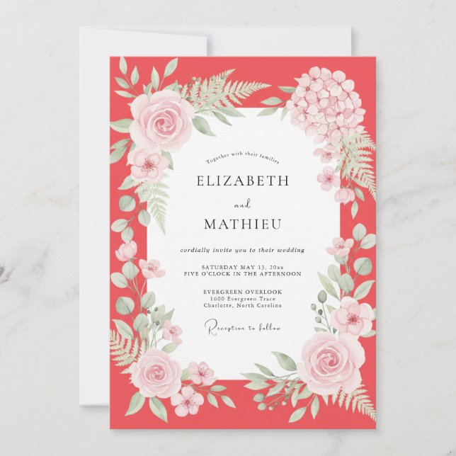 Invitation Mariage au feuillage peint de corail rose (Devant)
