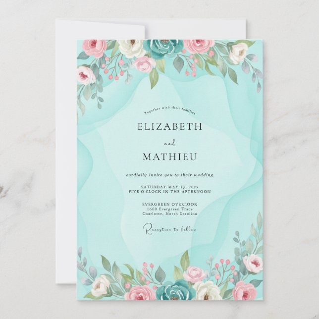 Invitation Mariage au feuillage peint de menthe (Devant)