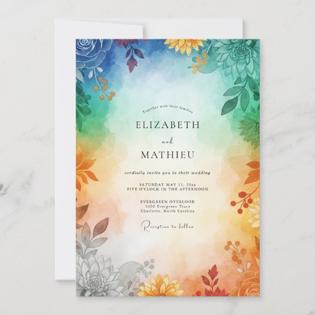 Invitation Mariage au feuillage peint en arc-en-ciel (Devant)