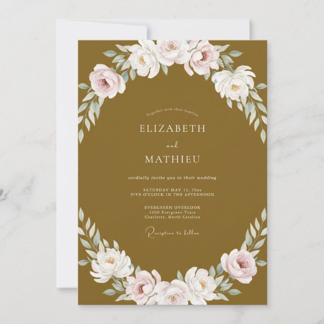 Invitation Mariage au feuillage peint en or moutarde (Devant)
