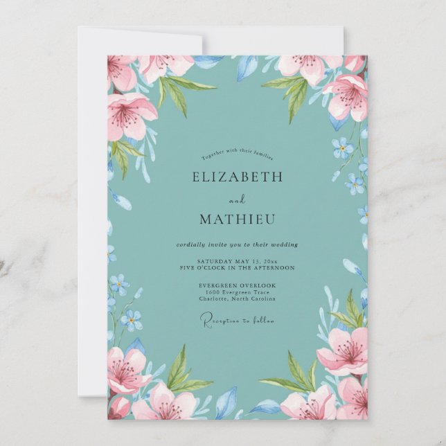 Invitation Mariage au feuillage peint en sarcelle (Devant)
