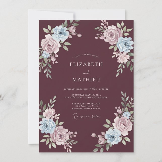 Invitation Mariage au feuillage peint sur ardoise prune (Devant)