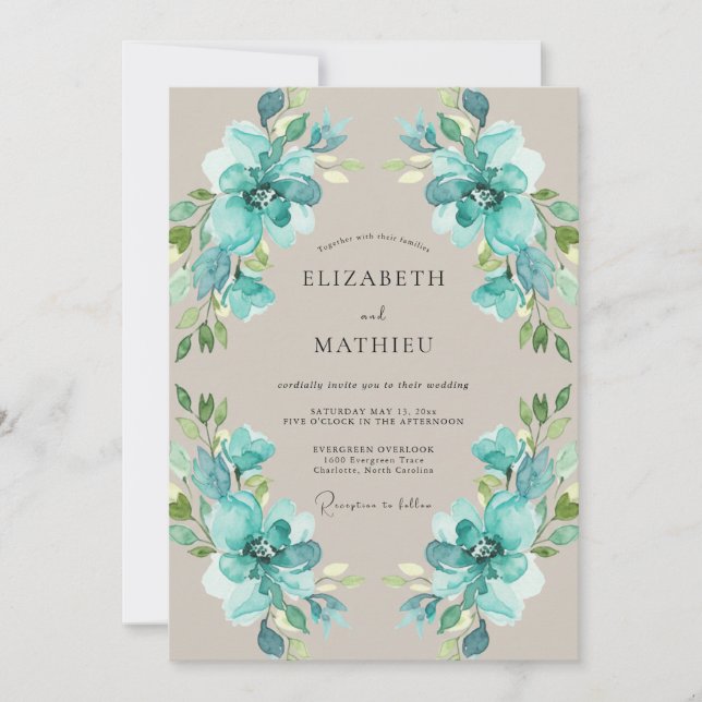 Invitation Mariage au feuillage peint turquoise (Devant)