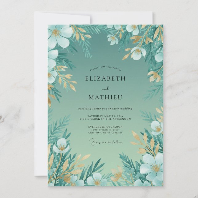 Invitation Mariage au feuillage sarcelle doré (Devant)