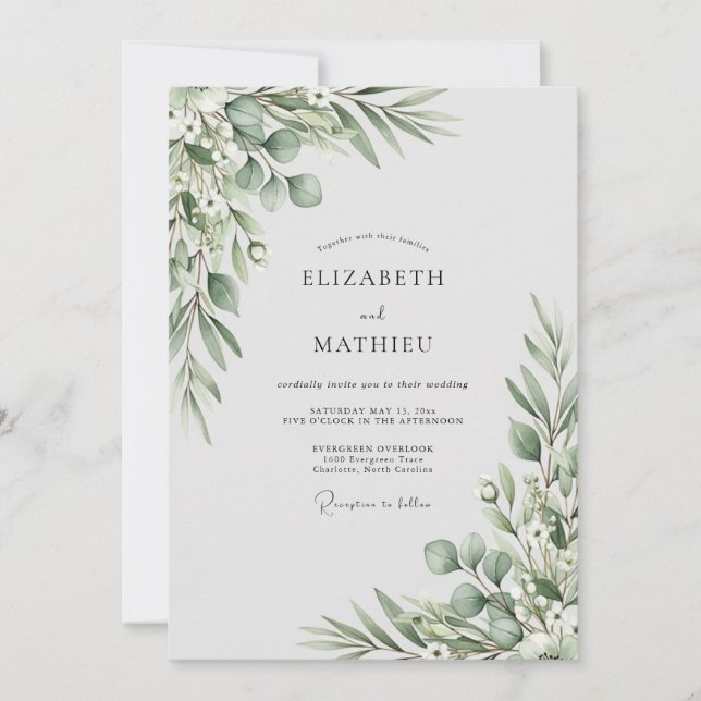 Invitation Mariage au feuillage vert sauge (Devant)