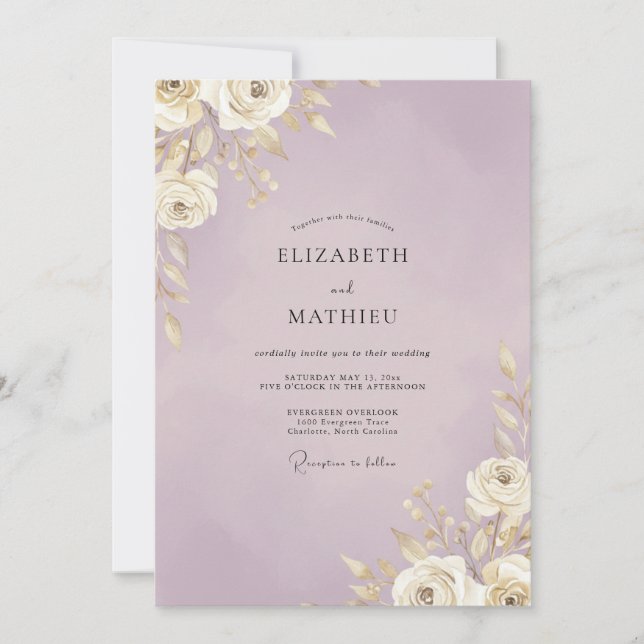 Invitation Mariage au Feuille d'Or Lilac (Devant)