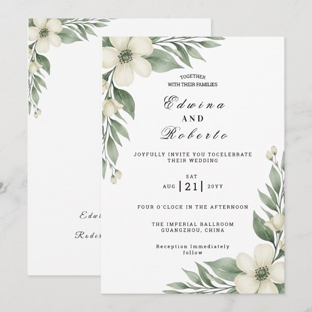Invitation Mariage au Gardenia Blanc Rustique et à l'Eucalypt (Devant / Derrière)