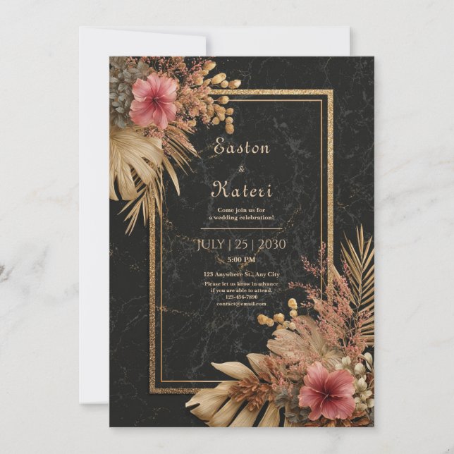 Invitation Mariage au Hibiscus Rose Tropicale de Black Marble (Devant)