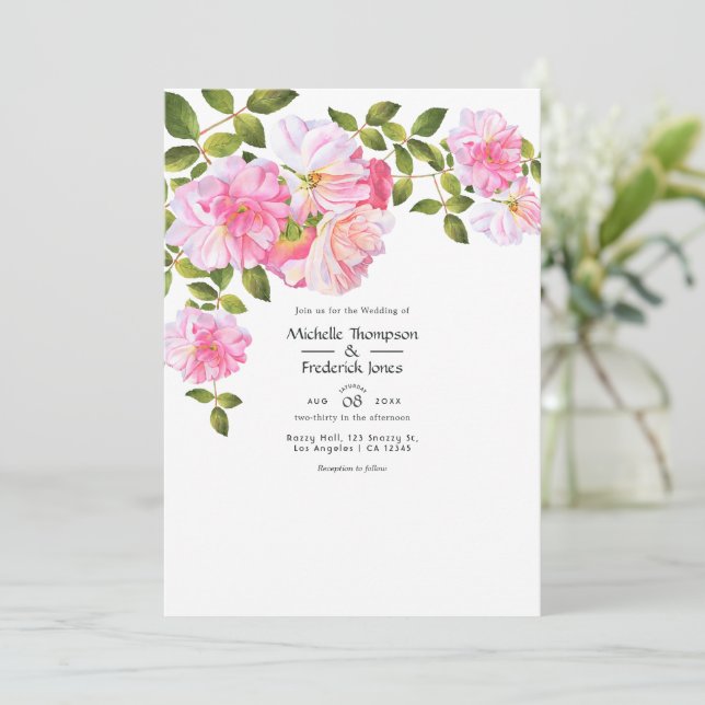 Invitation Mariage au jardin de roses roses (Debout devant)