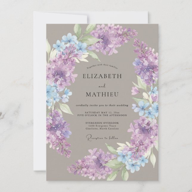 Invitation Mariage au Laurier Floral Bleu Lilas (Devant)