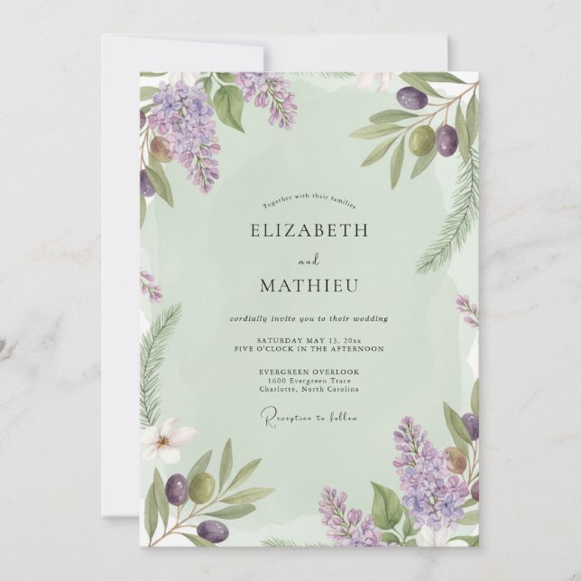 Invitation Mariage au lilas branche d'olivier eucalyptus (Devant)