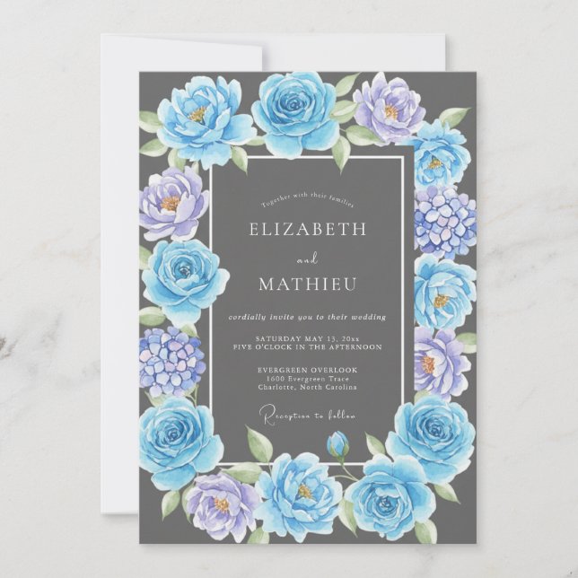 Invitation Mariage au lilas Charbon de bois Hydrangea Eucalyp (Devant)