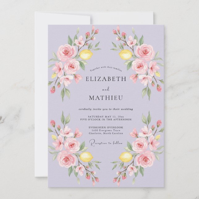Invitation Mariage au lilas, citron, eucalyptus (Devant)