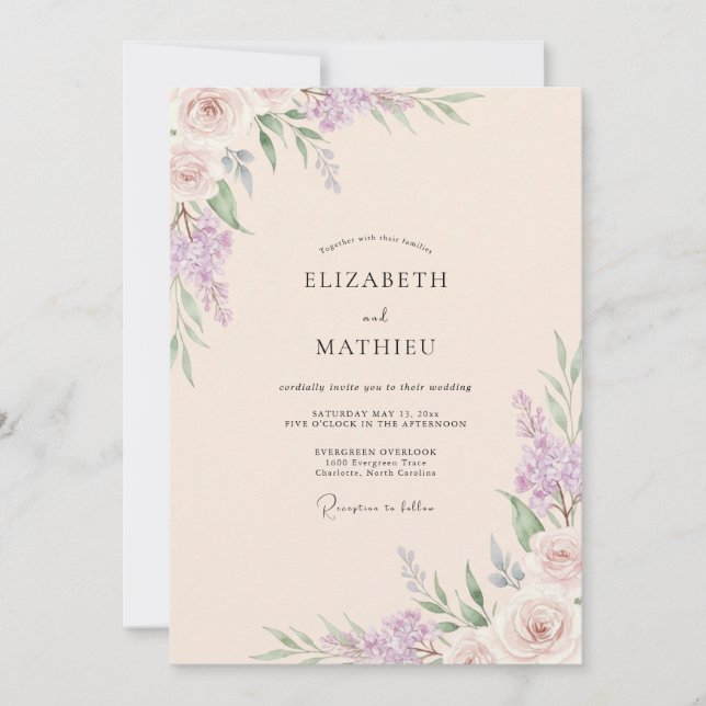 Invitation Mariage au lilas et glycine pêche (Devant)