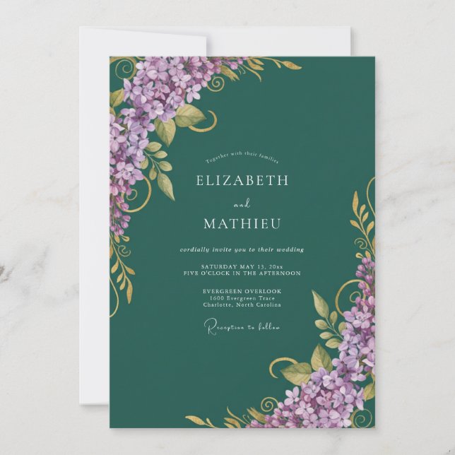 Invitation Mariage au lilas eucalyptus sarcelle foncé (Devant)