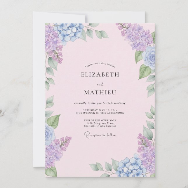 Invitation Mariage au lilas hydrangea eucalyptus rose (Devant)