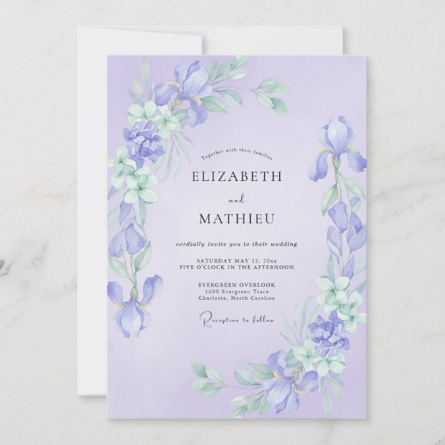 Invitation Mariage au lilas Iris Eucalyptus (Devant)