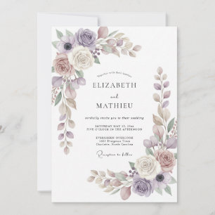 Invitation Mariage au lilas mauve taupe ranunculus eucalyptus
