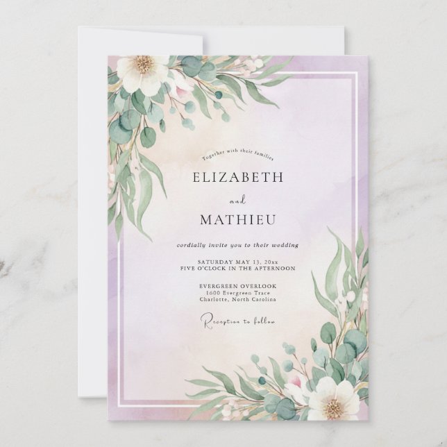 Invitation Mariage au lilas, menthe, feuillage et eucalyptus (Devant)