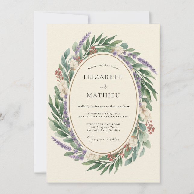 Invitation Mariage au lilas, olivier et eucalyptus (Devant)