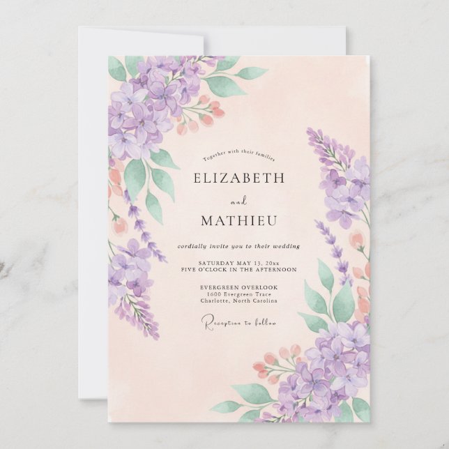 Invitation Mariage au lilas pêche hydrangea eucalyptus (Devant)