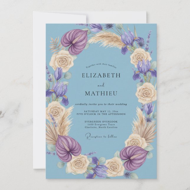 Invitation Mariage au lilas Pervenche Pampas Eucalyptus (Devant)