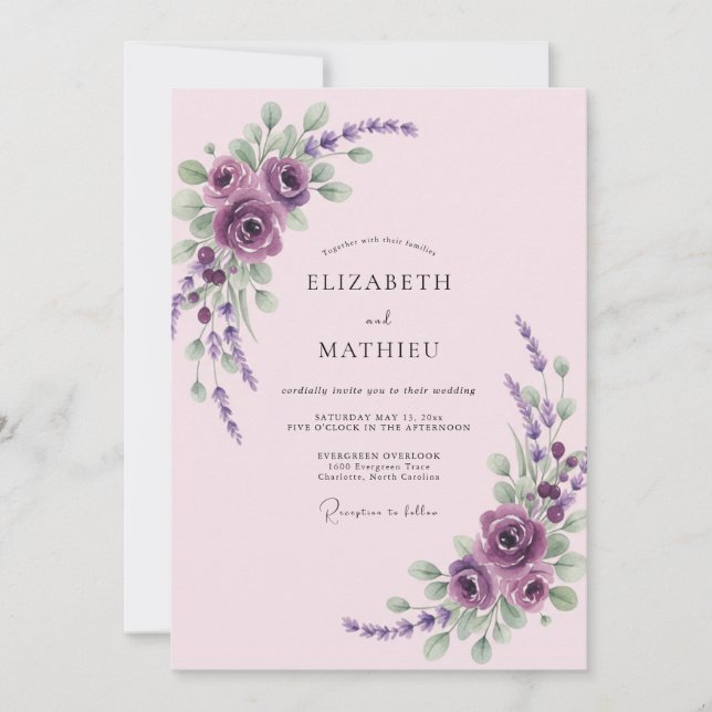 Invitation Mariage au lilas violet lavande eucalyptus (Devant)