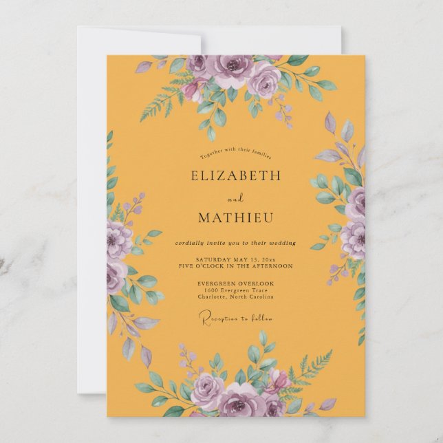 Invitation Mariage au lis lilac ranunculus eucalyptus doré (Devant)