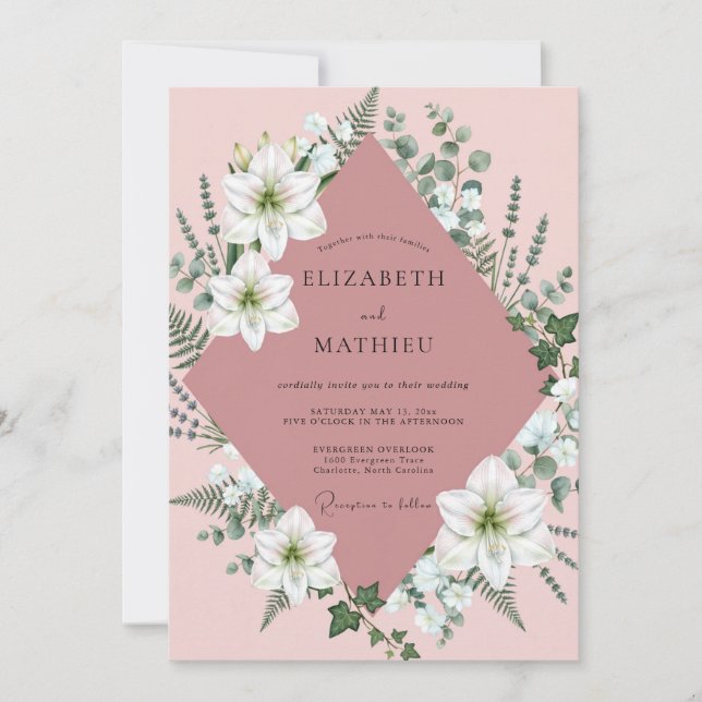Invitation Mariage au lys blanc rosé (Devant)