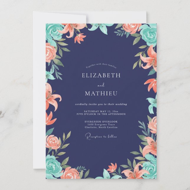 Invitation Mariage au Lys Corail Indigo (Devant)